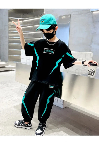 Summer Boys Cotton Alphabet Lightning T-Shirt Tops+Sweatpant School Kids 2PCS Tracksuit Child Jogger Outfit Workout Set 5-14 Yr