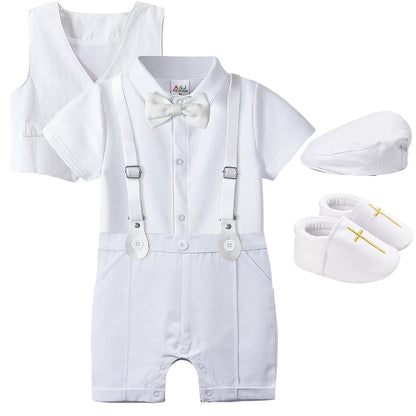 Baby Boys Baptism Outfit Infant Wedding Gentleman Set Christening Formal Birthday Party Suit Suspender Bow Tie Romper