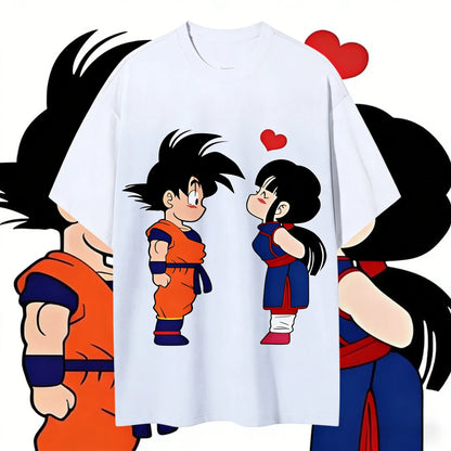 Cute Couple Print Oversized Crew Neck T-Shirt 100% Cotton Casual Tops for Men Women Kids