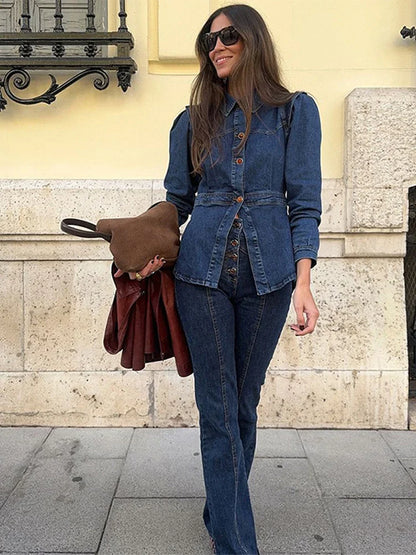 Waist Cinching Split Top Single Breasted Slim Flared Pants Woman Sets Patchwork Jeans Flounce Denim Jacket Casual Women's Suits
