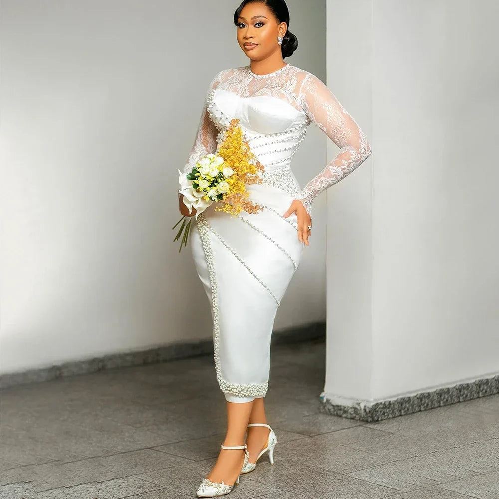 Customized Civil Wedding Dresses for Bride O Neck long Sleeve Tea Length Pearls Beads Aso Ebi Birdal Robes de mariee