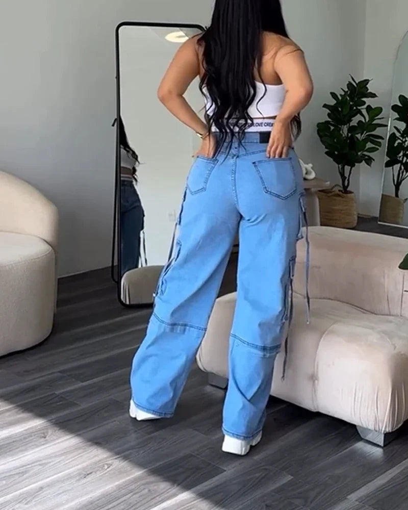 Women's Multi-Pocket Jeans, Retro Splicing, Drawstring, Cool Girl Trousers