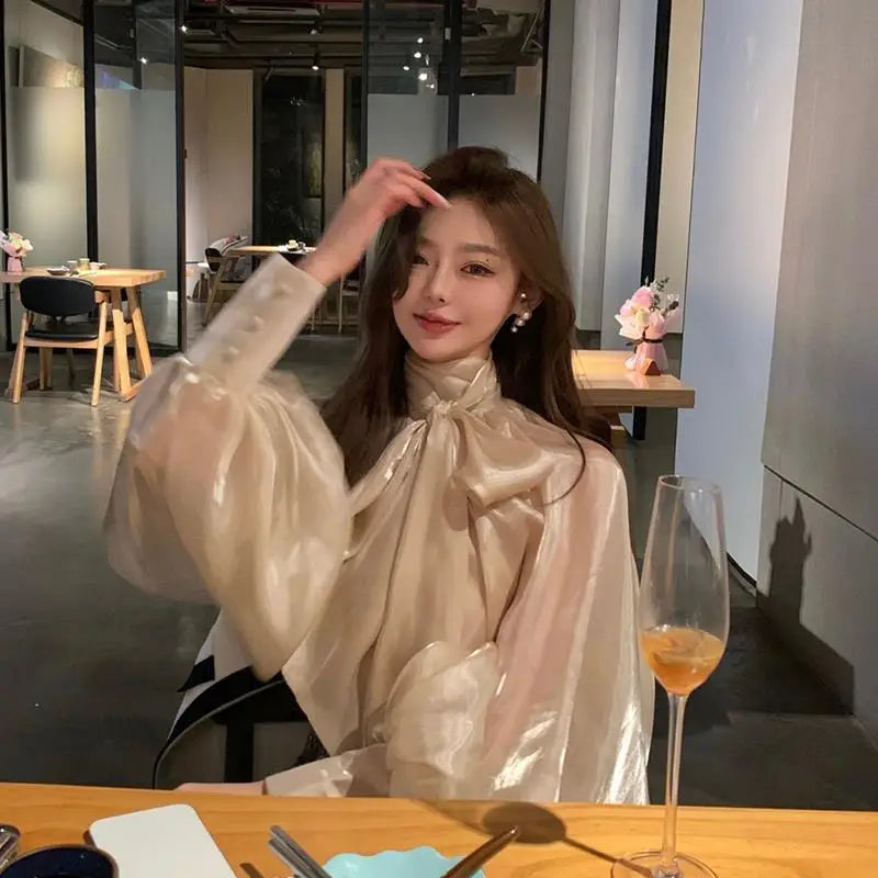 Spring Autumn Women Fashion Tops New Shirts Lantern Sleeve Stand Collar Solid Casual Vintage Elegant Temperament Long-Sleeved
