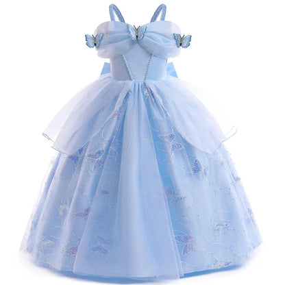Children's Party Dresses For Girls Elegant Cinderella Princess Dress Kids Girl Butterfly Blue Evening Dress Summer Prom Dress