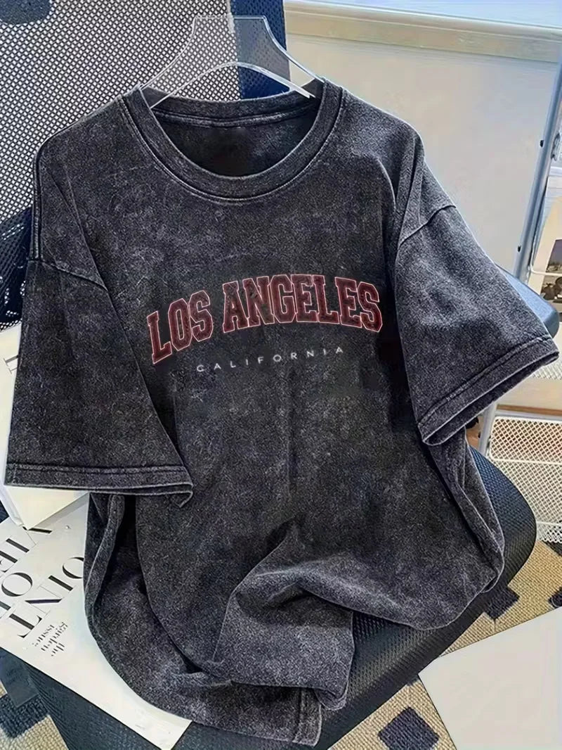 Vintage Washed Los Angeles Arch Letter Graphic T-Shirt, Retro USA City Casual Washed Black Crew Neck Short Sleeve Unisex Top
