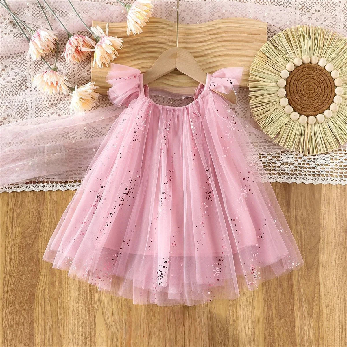 2026 Summer 1-5Y Korean Style Girls Suspender Dress Kids Flutter Sleeve Mesh Breathable Daily Party Dress Children Clothes