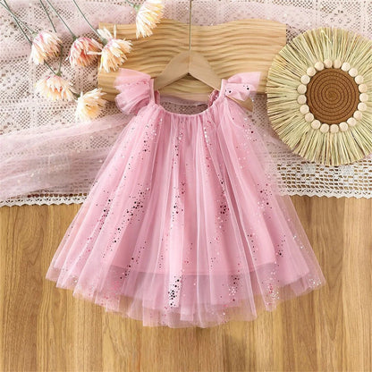 2026 Summer 1-5Y Korean Style Girls Suspender Dress Kids Flutter Sleeve Mesh Breathable Daily Party Dress Children Clothes