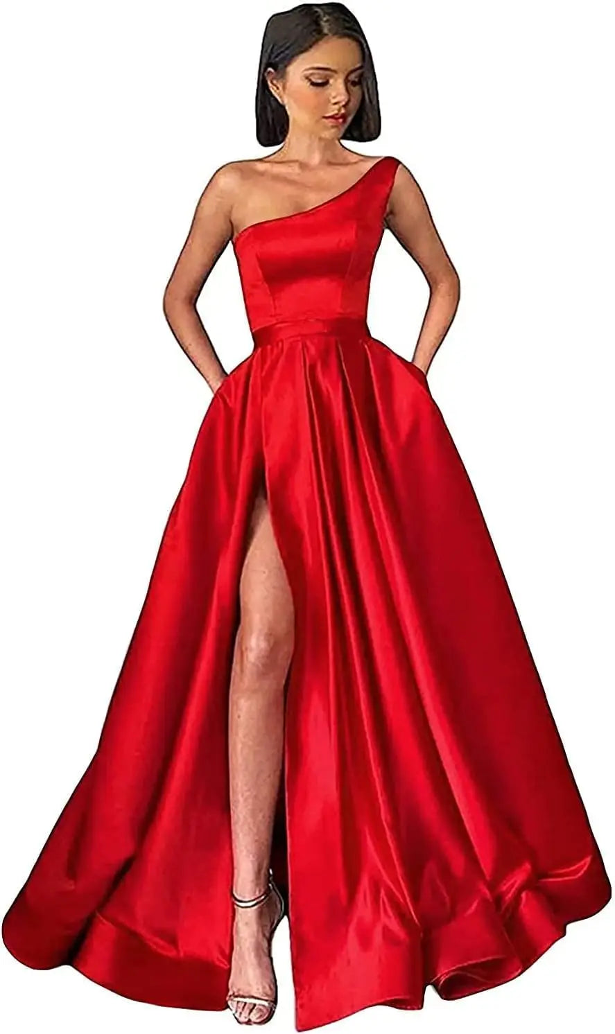 Women's One Shoulder Prom Dresses with Pocket High Slit Pleated Satin Corset Formal Gowns Evening Dress A Line Bridesmaid Gown