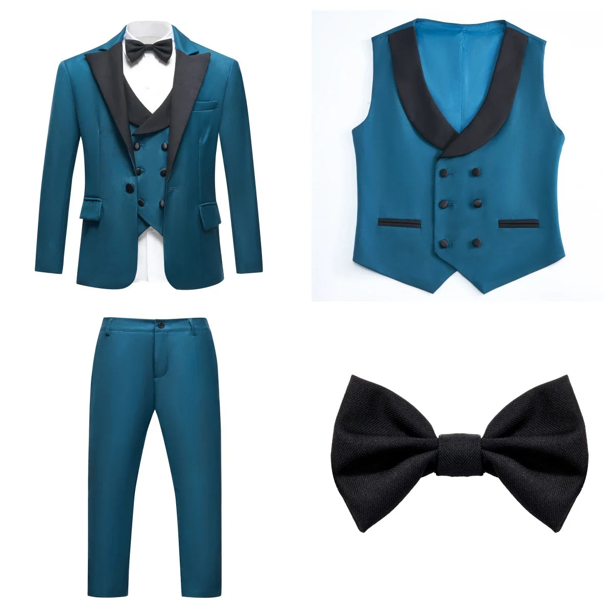 Vintage 4-Piece Suit Set for Boys 3-14 Years, Black Peak Laple Kids Formal Tuxedo Set, Blazer Vest Pants Bow-tie Graduation Suit