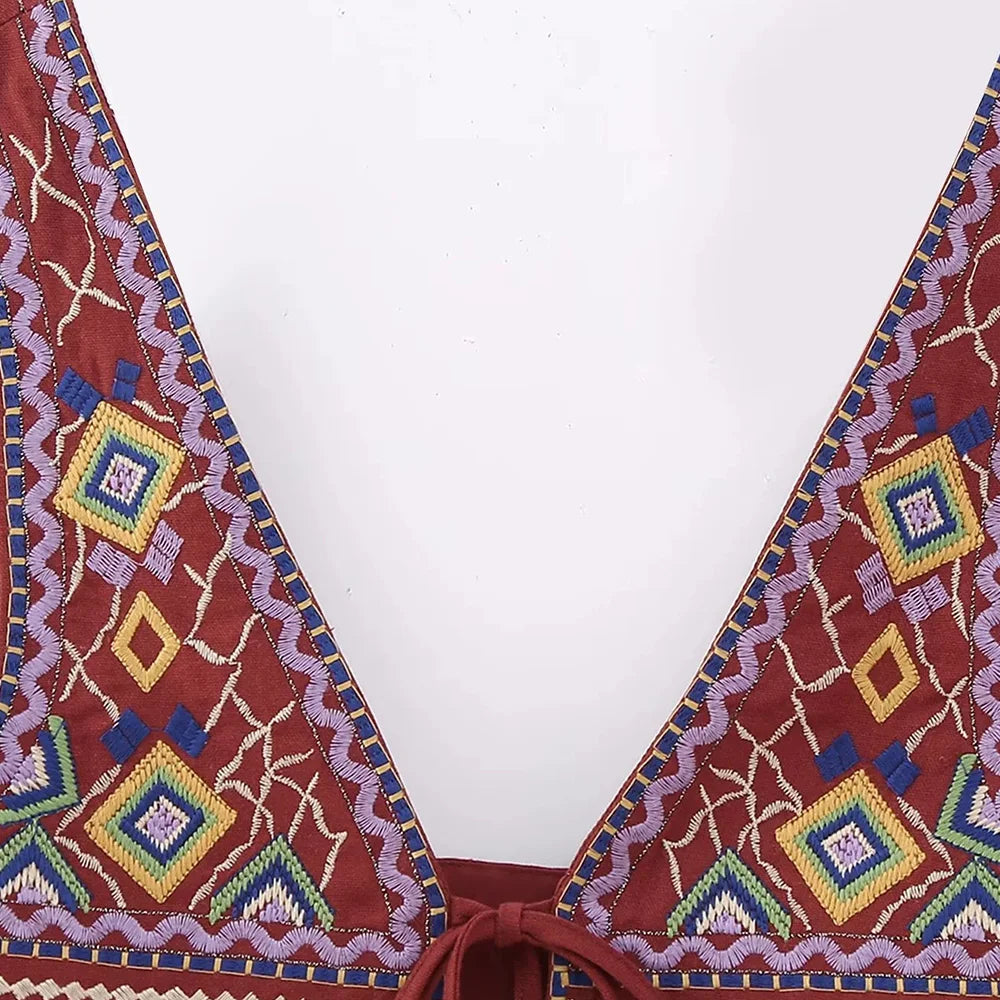 Women Fashion With Tie Tassel Embroidered Crop Tank Tops Sexy V Neck Wide Straps Female Waistcoat Chic Vest Tops
