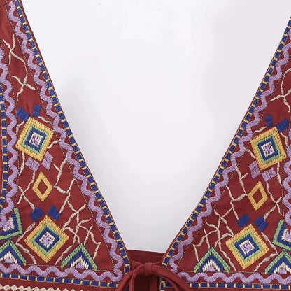 Women Fashion With Tie Tassel Embroidered Crop Tank Tops Sexy V Neck Wide Straps Female Waistcoat Chic Vest Tops
