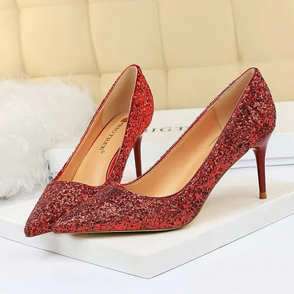Women Luxury Bling Red  Blue Valentine Party Scarpins Pumps Lady Glitter Sequins 7cm 9.5cm High Heels Designer Shoes Plus Size