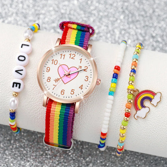 4PCS/Set Fashion Heart Dial Women's Watch Nylon Band Quartz Watch Rainbow Beads Bracelets Set
