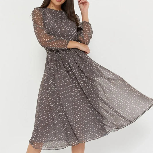 Spring and Summer Chiffon Dress Long Sleeved Solid Color Polka Dot Dress Elegant Lantern Sleeve Round Neck High Waisted Dresses