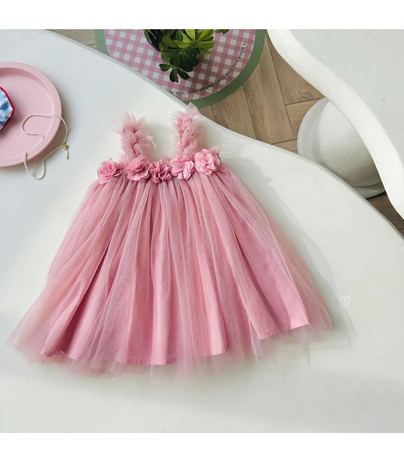 1-6 Y Girls Dresses  3D Flower A Line Dress for Girls Sleeveless Camisole Mesh Dress
