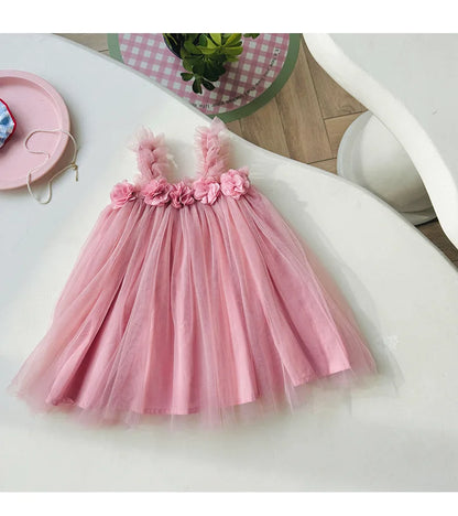 1-6 Y Girls Dresses  3D Flower A Line Dress for Girls Sleeveless Camisole Mesh Dress