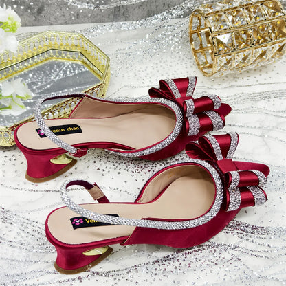 Shoes and Bag to Match Wine Colour Pointed-Toe Rhinestone Bow Party Women's High Heels