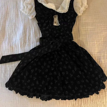 Sweet Gyaru Chic Dress y2k Summer Women's Clothing Floral Puff Sleeve Girdling Waist Lady Gowns Lace Up Ruffled Graceful Dresses