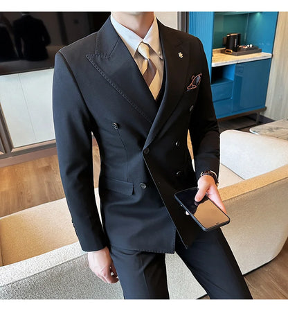 (Jackets+Pants) Luxury Double Breasted Design Slim Fit Suit High Quality Fashion Men's Wedding Social Suit Tuxedo 2 Piece Set