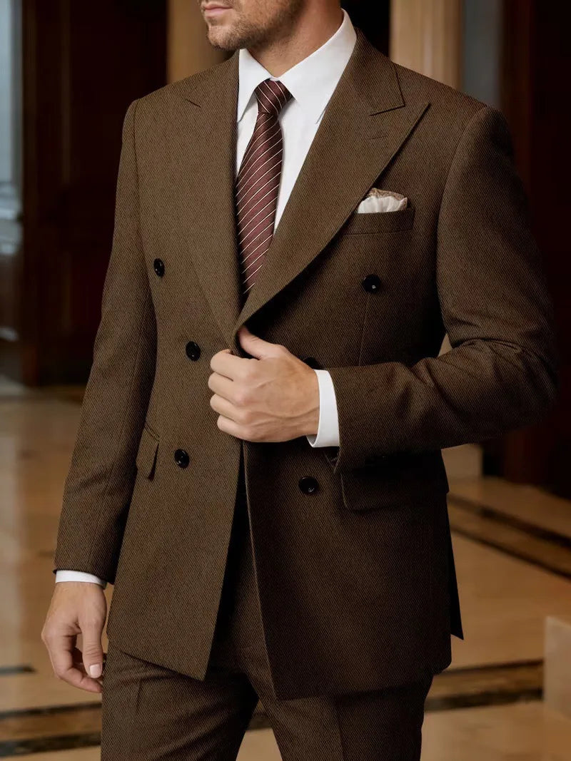 2026 New Double-Breasted Peak Lapel Men's Suit Set Two-Piece Coffee Beige Pink (Jacket   Pants) Casual Business B