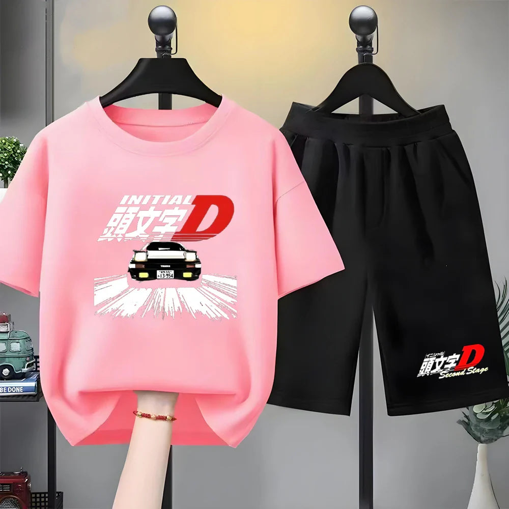 Children T-shirt+Shorts Japanese manga racing car Fashion Print Boy Girl Toddler 3-12Yrs Short-Sleeved Set refreshing Summer