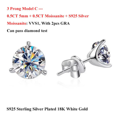 2 in 1 Full 5mm D Color Moissanite Stud Earrings for Women S925 Silver 2cttw All Diamond Earring Pierced Ear Fine Jewelry
