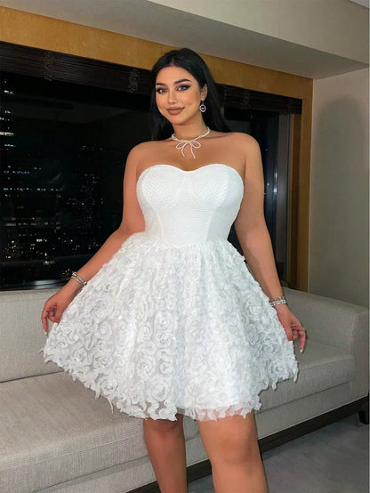 Plus Size 2025 Summer New Models Elegant Three-Dimensional Flowers Flowers Net Yarn Patchwork Corset Dress Polyester Material
