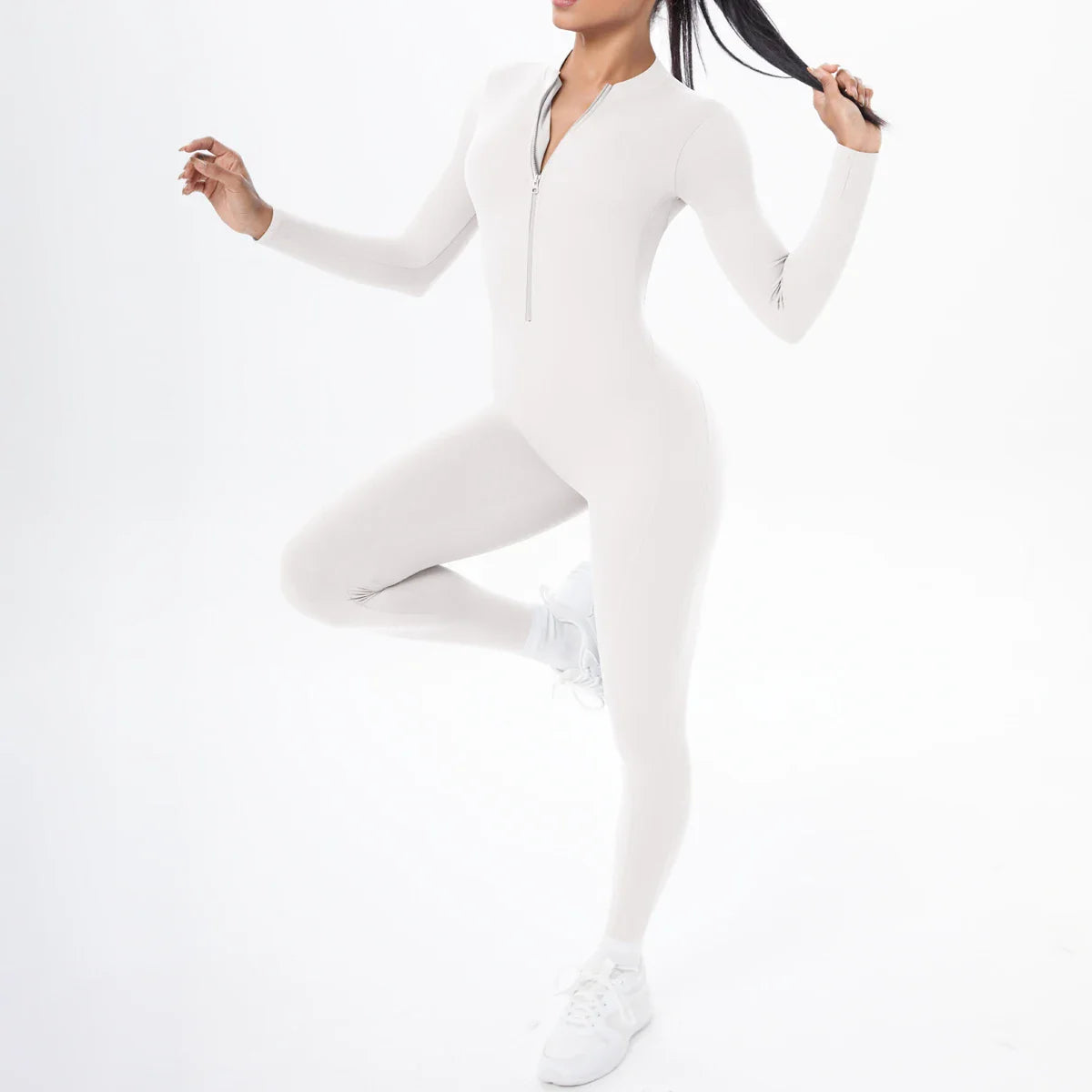 Solid Color Bodysuits for Woman's Backless Long Sleeved Zipper Yoga Jumpsuits High Dtrength Workout Sports Fitness Clothing Set