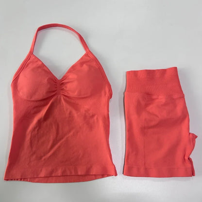 No Logo 2 Pieces Sports Set Workout Clothes Shorts Sets Gym Strappy Top Scrunch Shorts Yoga Clothing Gym Set