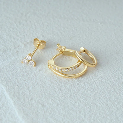 Aide 3pcs Set 925 Sterling Silver Double Gold Hoop Mini Zircon Stud Earrings For Women Hypoallergic Elegant INS Piercing Jewelry