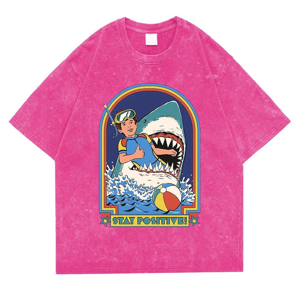 Stay Positive Printing Washed Retro Snow Mens T-Shirt Cotton Loose Tees Cotton Oversize Streetwear Breathable Tshirt Couple