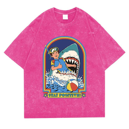 Stay Positive Printing Washed Retro Snow Mens T-Shirt Cotton Loose Tees Cotton Oversize Streetwear Breathable Tshirt Couple