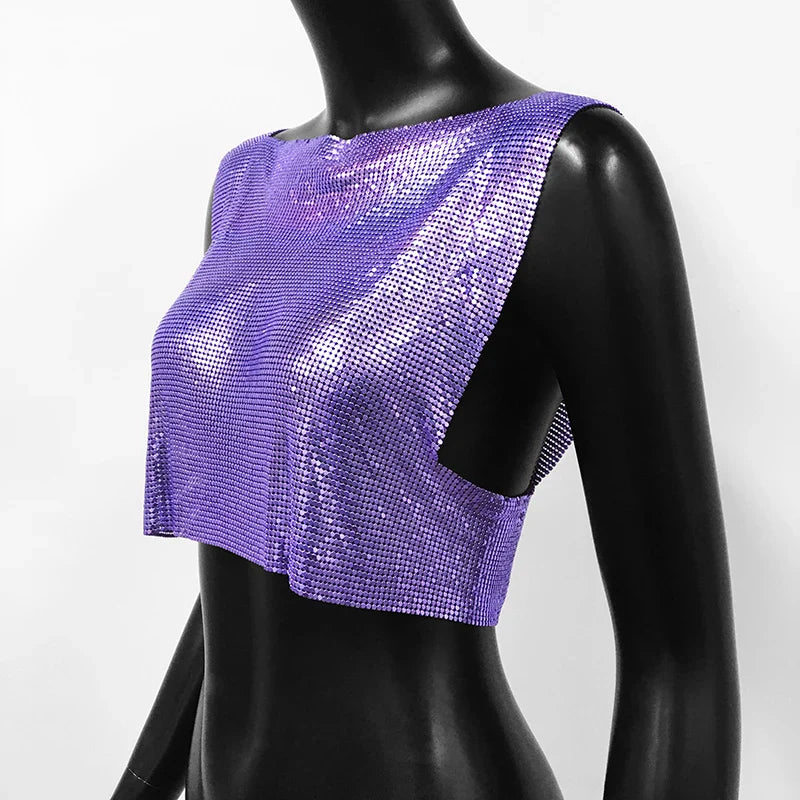 Sexy Metal Sequin Tank Top For Women y2k Summer Beach Backless Crop Top Rave Festival Club Outfits Camisole