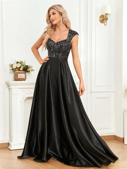 Vestido Longo Preto Elegante com Lantejoulas para Noite Feminino 2025 Luxuoso Decote U Cetim Formatura Festa Coquetel