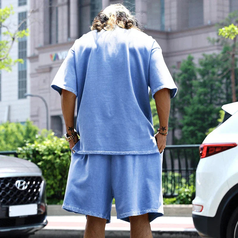 2024 Summer New Men's Set Japanese Style Plus Size Casual Loose Sports Suit Short Sleeve T-shirt Shorts Two-piece Men's Clothing