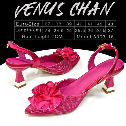 Shiny Fuchsia Color Shoes and Bag Elegant Handbags and Medium Heel Shoes Beautiful Handmade Flowers For Wedding Party