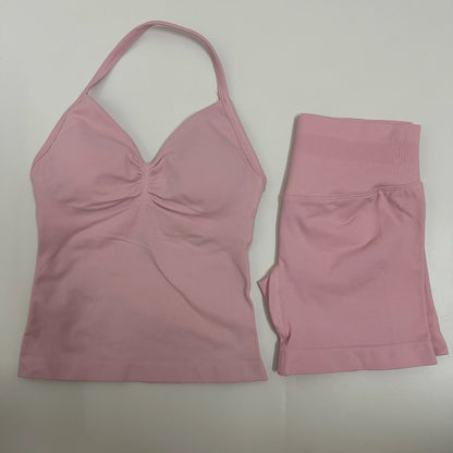 Yoga Set Women Padded Halter Tank Top Scrunch Butt Lifting Gym Shorts Set Summer Sportswear Workout Clothes