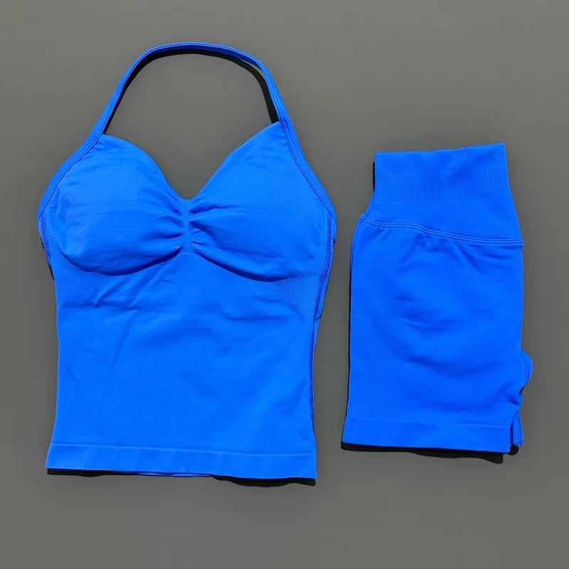 No Logo 2 Pies Sports Set Women Backless Tank Yoga Tops High Waist Scrunch Seamless Shorts Sport Gym Set Sportswear Workout Set