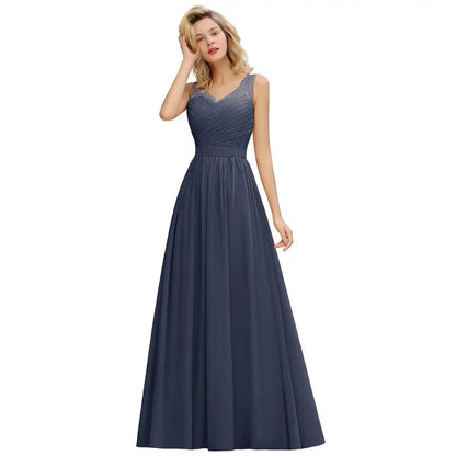 Elegant Bridesmaid Dress Pleated Bodice See-through Lace Cap Sleeves Maxi Flowy A-Line Skirt Wedding Party Gown Women