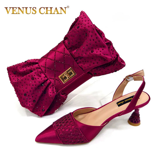 Elegant Nigerian Women’s Wine Colour Heeled Shoes and Rhinestone Handbag Set – Italian Design for Parties and Weddings