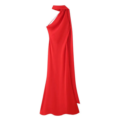 Elegant Women's Soft Silk Satin Long Dress Halter Backless Sleeveless Maxi Dresses Summer Lady Long Ribbon Party Gowns