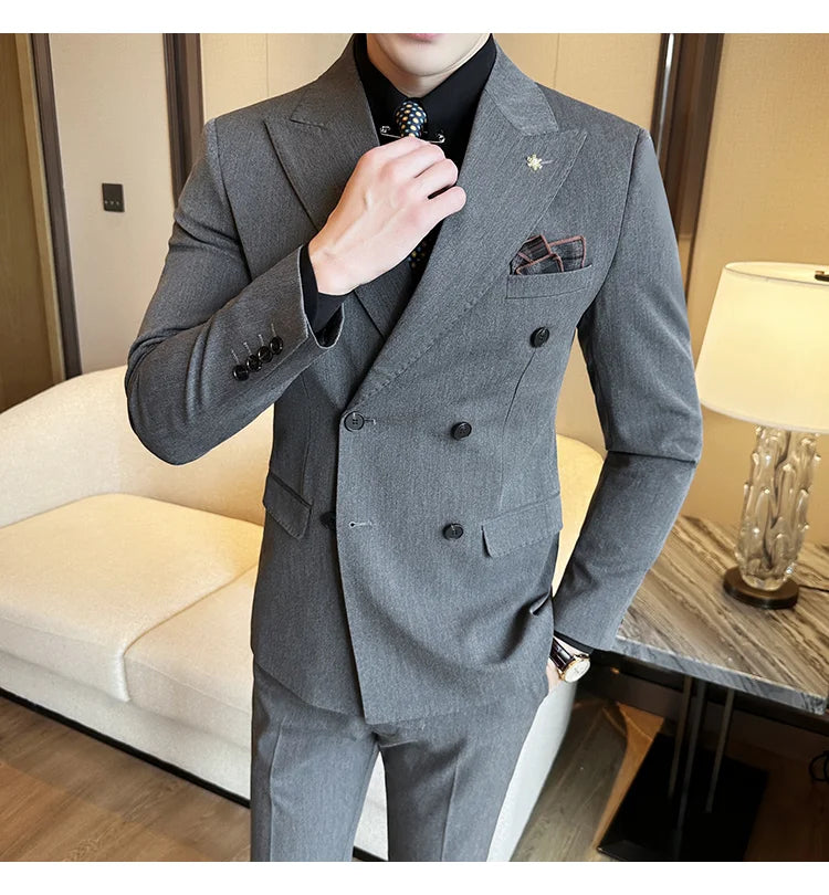 (Jackets+Pants) Luxury Double Breasted Design Slim Fit Suit High Quality Fashion Men's Wedding Social Suit Tuxedo 2 Piece Set