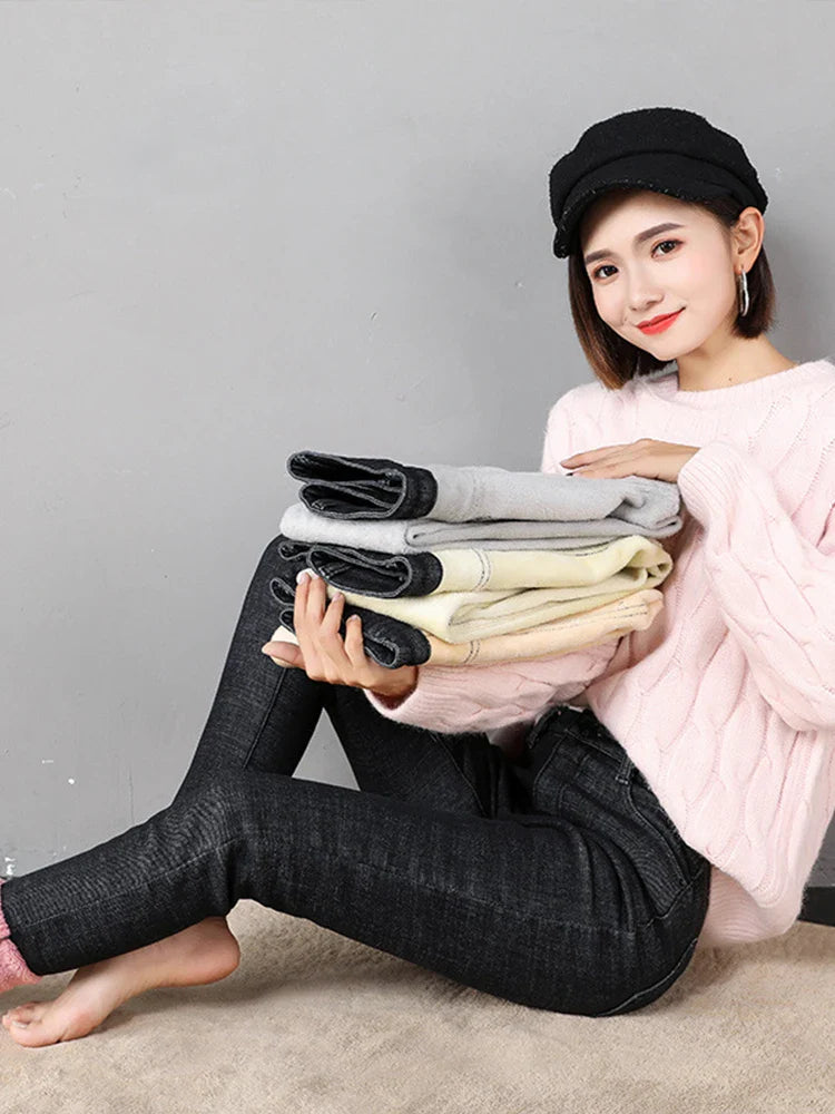 Women's Thick Warm Jeans, Stretch Tight Pencil Pants