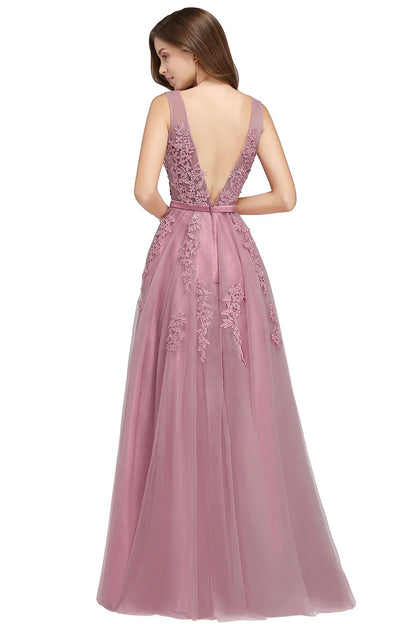 In Stock Pink Princess Prom Dresses Appliques Beaded V Neck Long Evening Dress Soft Tulle Bridesmaid Dress Vestidos De Fiesta