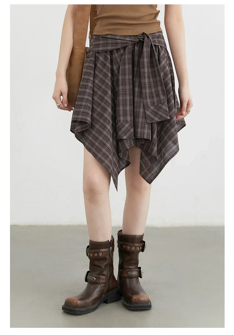 Women Skirts A Line Elastic Waist Strap Ties Irregular Plaid Half Length Skirt Female Short Skirt Woman Summer 2025