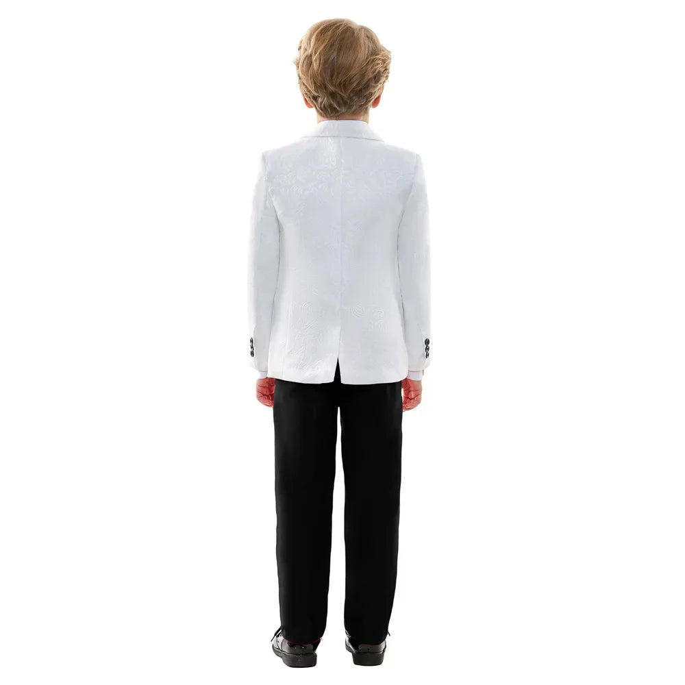 Elegant Textured White and Black Children Formal Suit Flower Boy Tuxedo for Wedding and Birthday Blazer Vest Pants Bow Tie