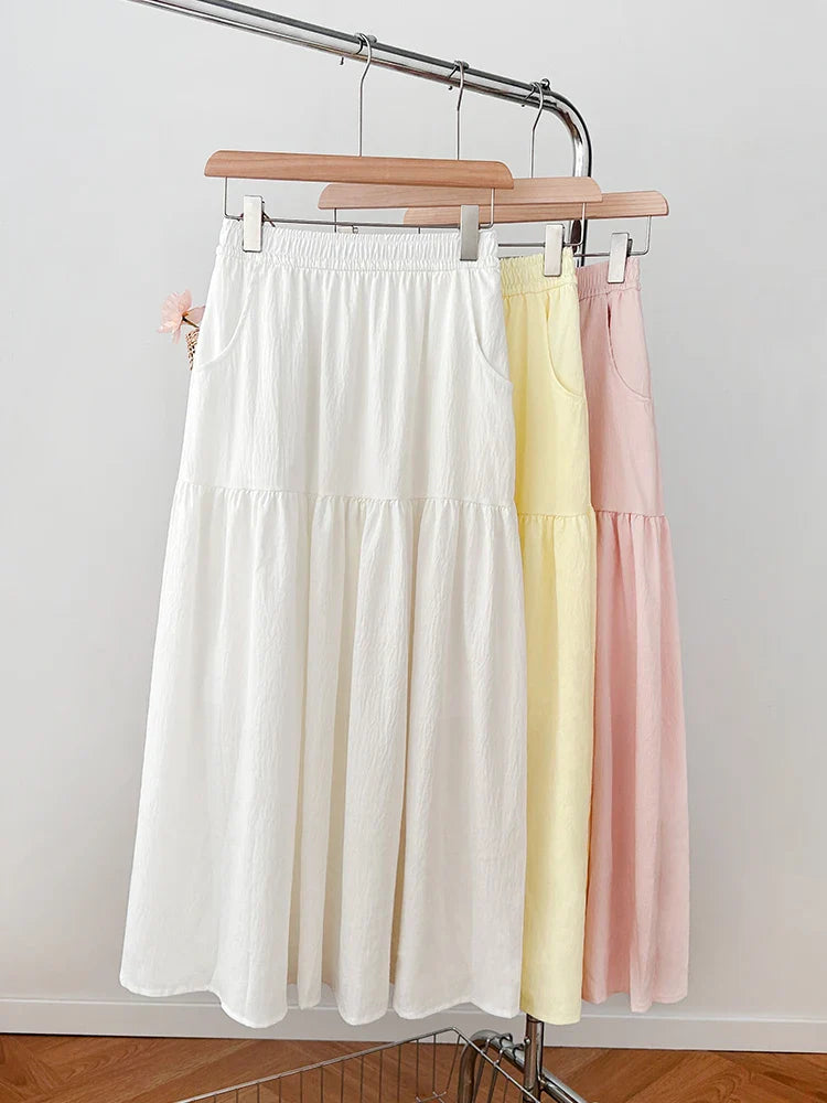 Women's Summer Effortless Chic Midi Skirt - Korean Flowy Big Hem Voluminous Ruffle Cake Skirt