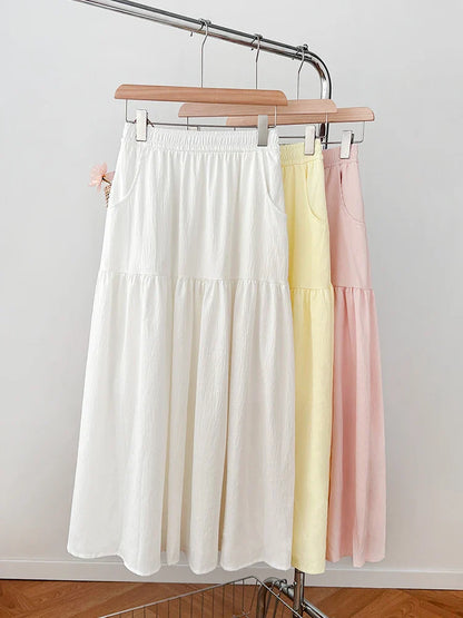 Women's Summer Effortless Chic Midi Skirt - Korean Flowy Big Hem Voluminous Ruffle Cake Skirt
