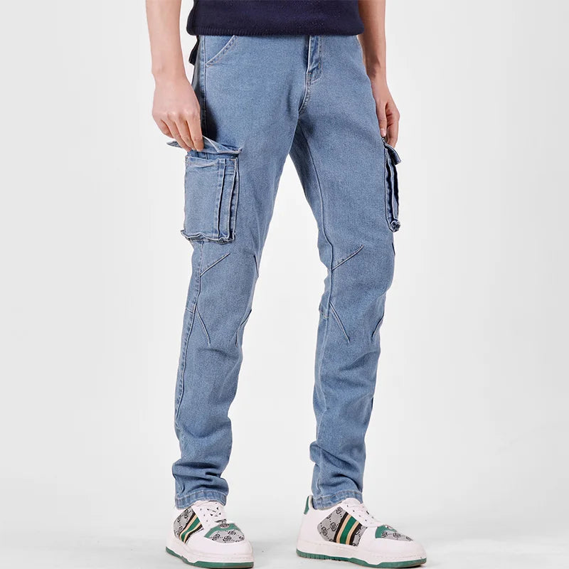 Men's Jeans Street Style Waist Denim Cargo Pants Solid Color Washed Slim Fit Casual Jeans with Multiple Pockets for Daily Wear