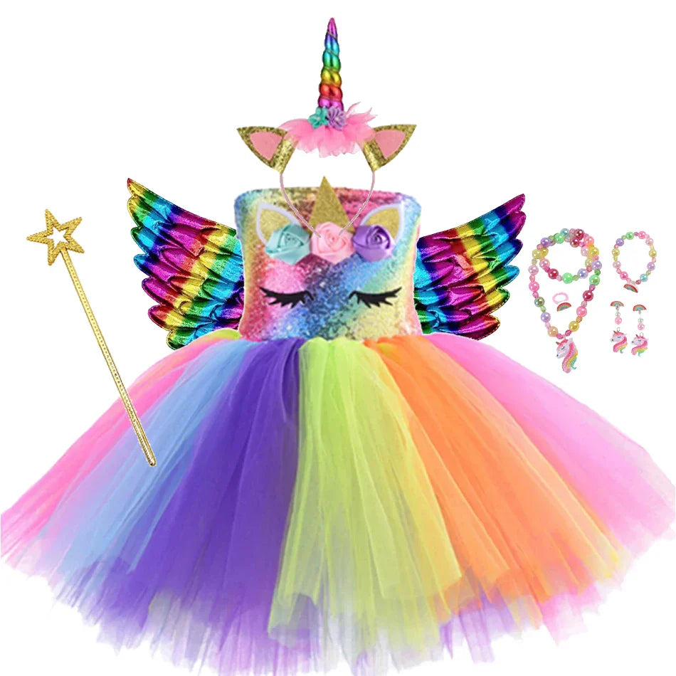 Vestidos de Unicórnio Princesa para Meninas, Trajes Tutu, Flores em Tons Pastel, Vestidos de Aniversário para Bebês, Tule, Fantasias Infantis para Halloween e Cosplay